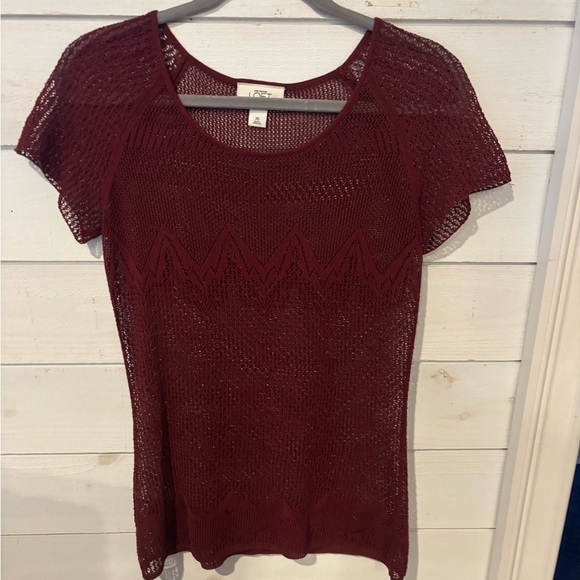 LOFT Burgundy Crochet Knit Short Sleeve Top - Picture 2 of 13